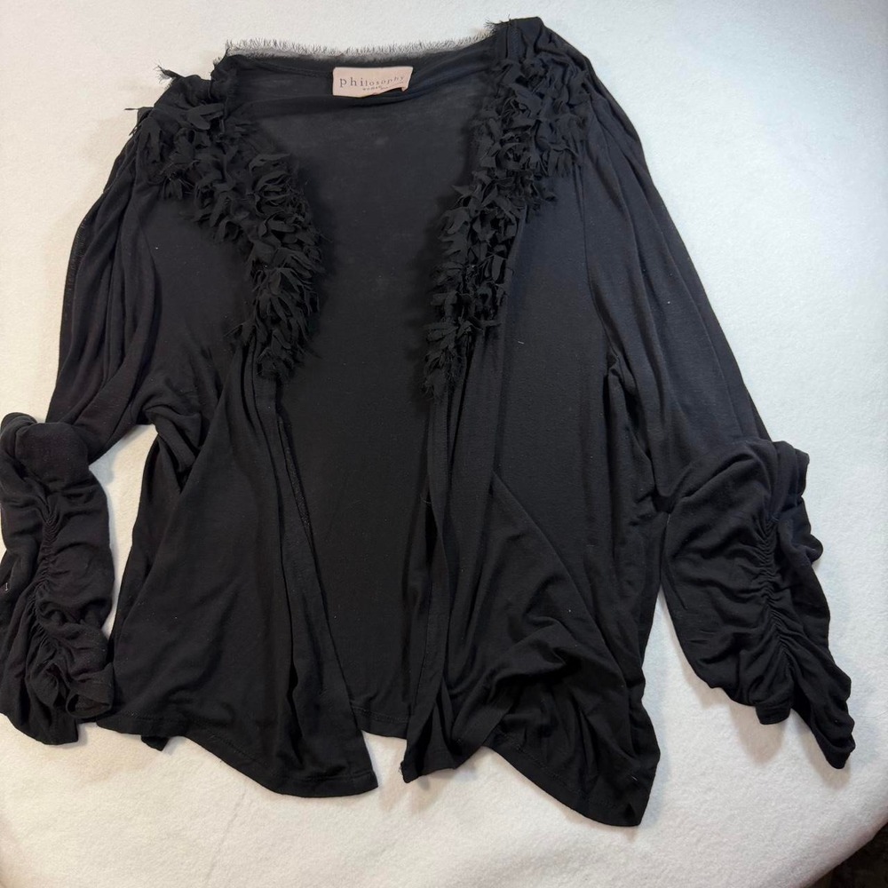 Philosophy Woman Black Ruffle Fringe Cardigan 2X Boho Whimsigoth Ruched Sleeve - Picture 1 of 6